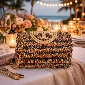 New Tory Burch Soft Fleming Classic Cuoio Tan Raffia Convertible Shoulder Bag